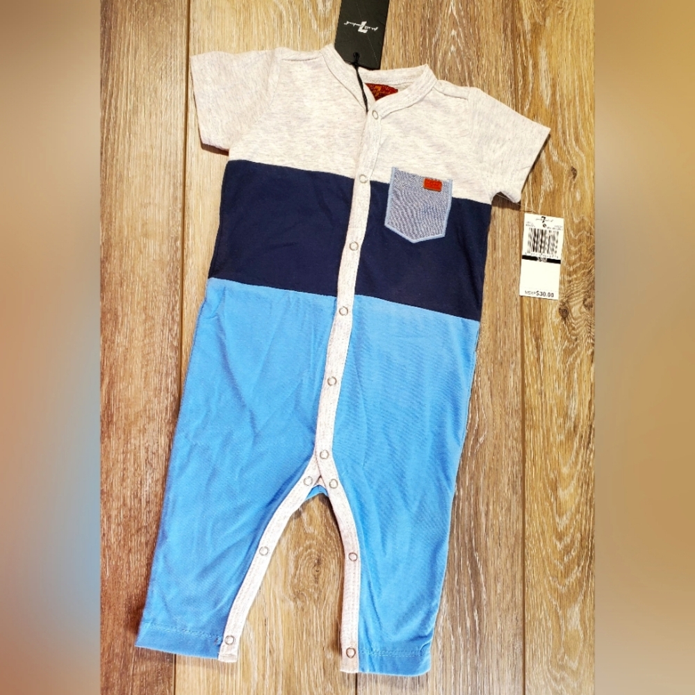 New 7 for All Mankind Stylish Blue and Navy Kids One Piece Outfit Size 3-6M